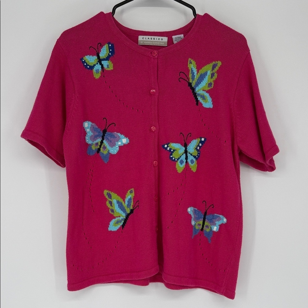 Vintage Marisa Butterfly Cardigan Sweater Pink Cotton SS Sz M Y2K Cottagecore